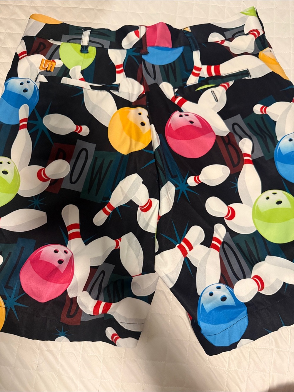 Loudmouth Black Bowling Pins Print Shorts with Pink, Blue, Green, Yellow Balls - Picture 4 of 4
